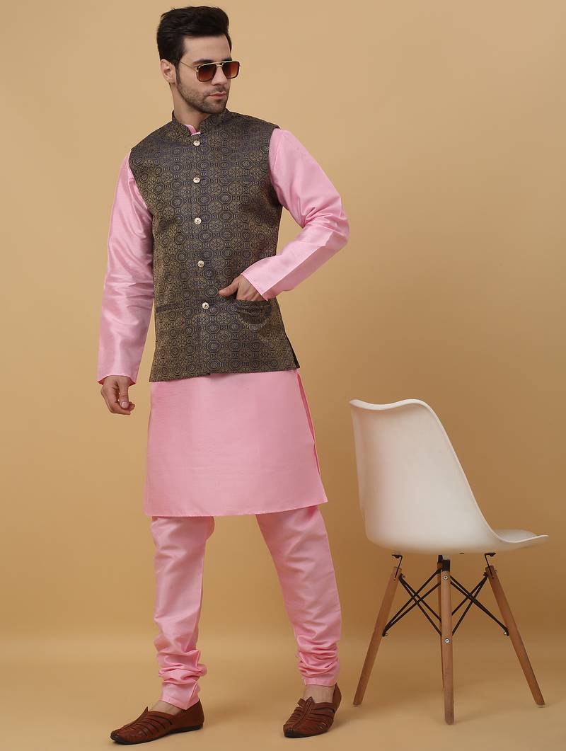 Men's pink kurta and churidar with jacquard ethnic motifs printed nehru jacket