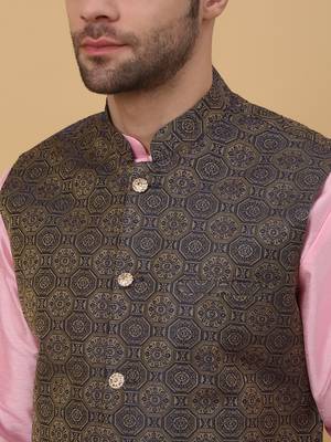 Men's pink kurta and churidar with jacquard ethnic motifs printed nehru jacket 2