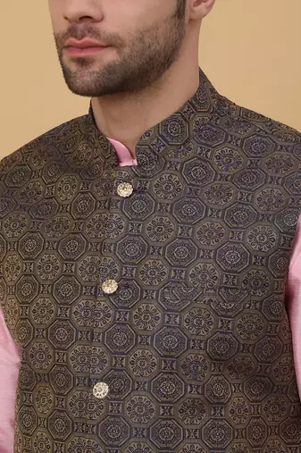 Men's pink kurta and churidar with jacquard ethnic motifs printed nehru jacket