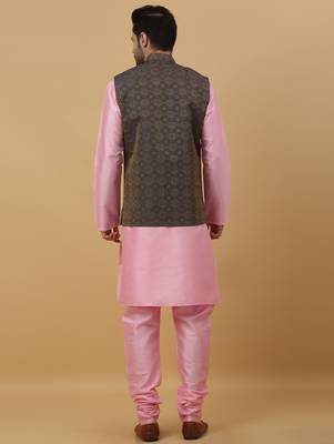 Men's pink kurta and churidar with jacquard ethnic motifs printed nehru jacket 3