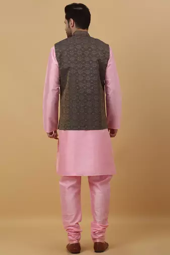 Men's pink kurta and churidar with jacquard ethnic motifs printed nehru jacket