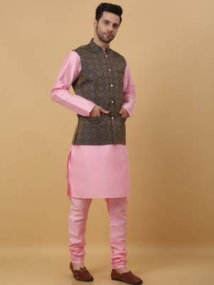 Men's pink kurta and churidar with jacquard ethnic motifs printed nehru jacket 4