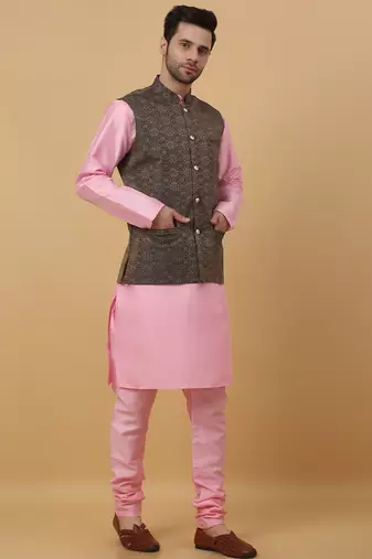 Men's pink kurta and churidar with jacquard ethnic motifs printed nehru jacket