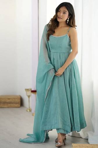 Sky Blue Crunchy Silk Anarkali Suit with Siroski Work and Dupatta Set