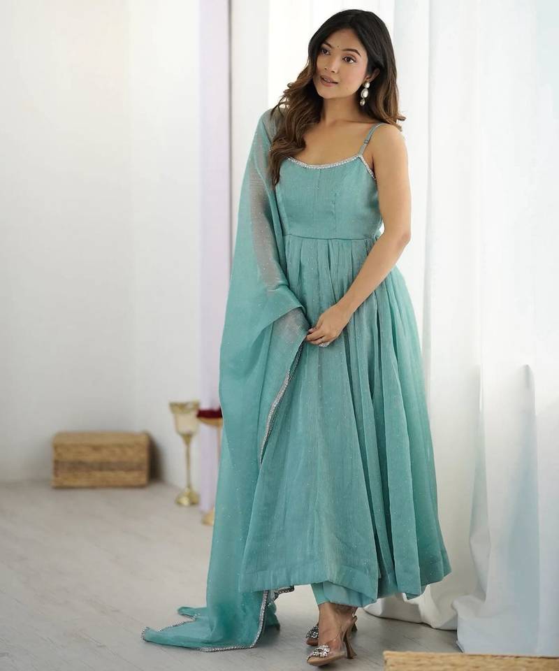 Sky Blue Crunchy Silk Anarkali Suit with Siroski Work and Dupatta Set
