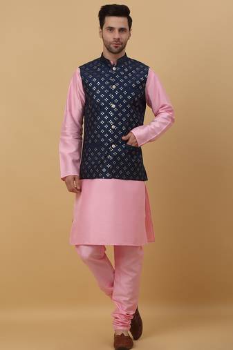 Men's pink kurta and churidar with sequenced cotton silk nehru jacket