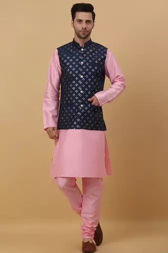Men's pink kurta and churidar with sequenced cotton silk nehru jacket