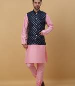 Men's pink kurta and churidar with sequenced cotton silk nehru jacket