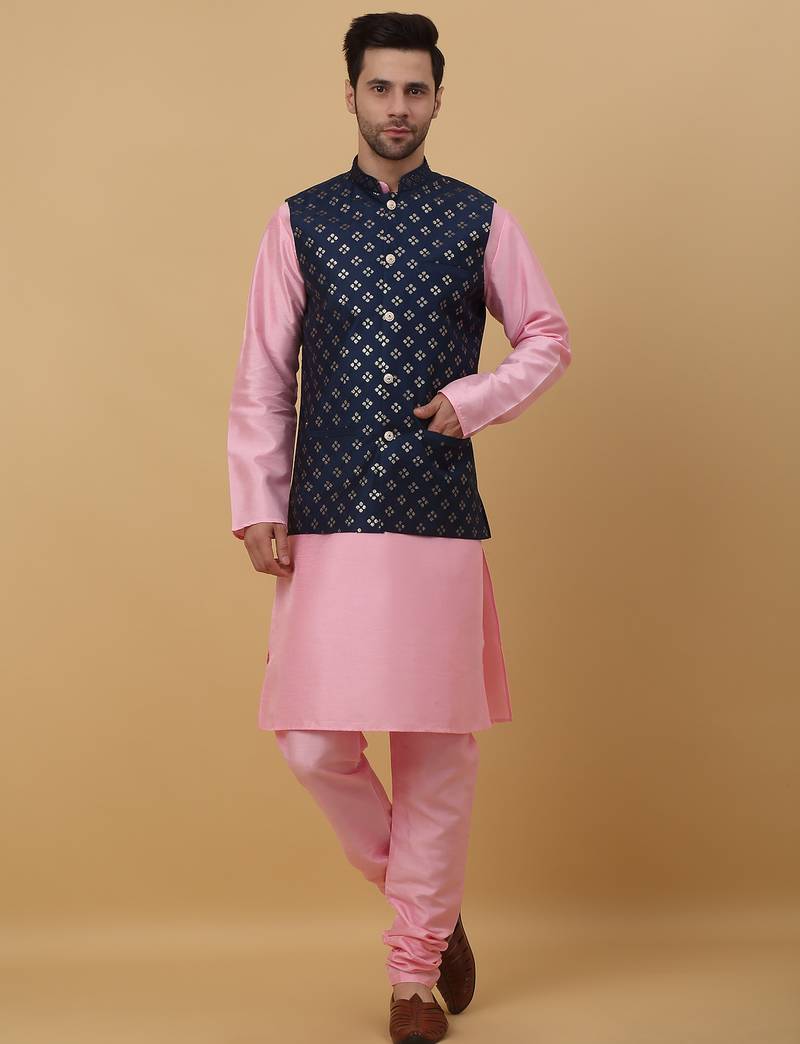 Men's pink kurta and churidar with sequenced cotton silk nehru jacket