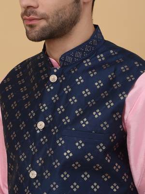 Men's pink kurta and churidar with sequenced cotton silk nehru jacket 2
