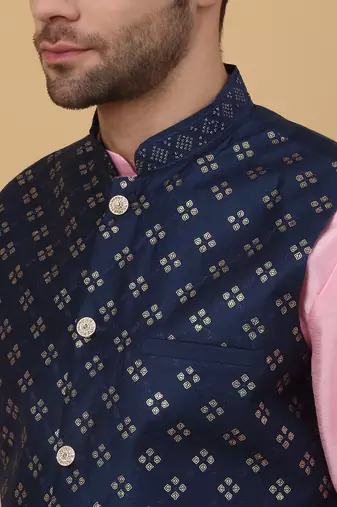 Men's pink kurta and churidar with sequenced cotton silk nehru jacket