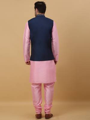 Men's pink kurta and churidar with sequenced cotton silk nehru jacket 3