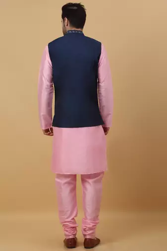 Men's pink kurta and churidar with sequenced cotton silk nehru jacket