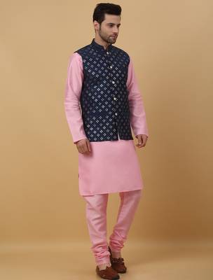 Men's pink kurta and churidar with sequenced cotton silk nehru jacket 4