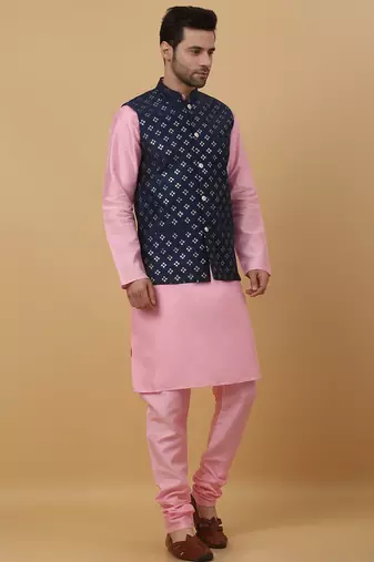 Men's pink kurta and churidar with sequenced cotton silk nehru jacket