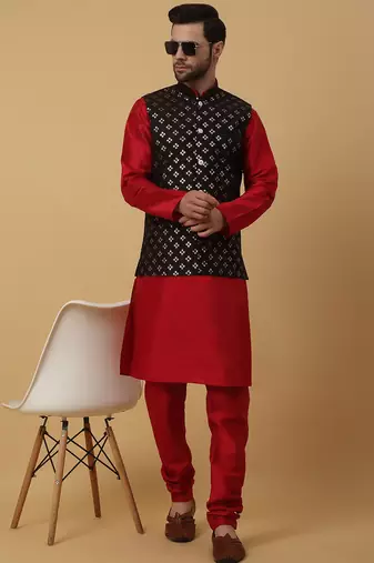 Men's Red kurta and churidar with sequenced cotton silk nehru jacket