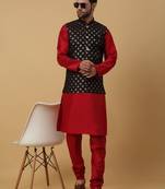 Men's Red kurta and churidar with sequenced cotton silk nehru jacket