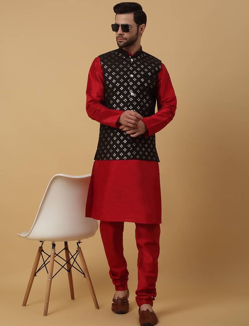 Men's Red kurta and churidar with sequenced cotton silk nehru jacket