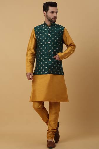 Men's mustard kurta and churidar with jacquard ethnic nehru jacket