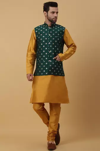 Men's mustard kurta and churidar with jacquard ethnic nehru jacket