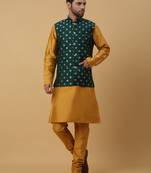 Men's mustard kurta and churidar with jacquard ethnic nehru jacket