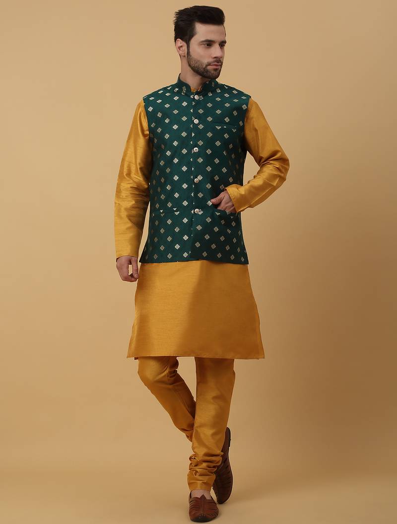 Men's mustard kurta and churidar with jacquard ethnic nehru jacket