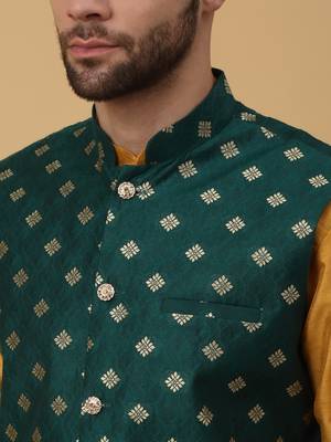 Men's mustard kurta and churidar with jacquard ethnic nehru jacket 2