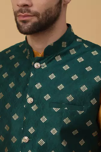 Men's mustard kurta and churidar with jacquard ethnic nehru jacket