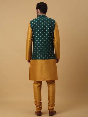Men's mustard kurta and churidar with jacquard ethnic nehru jacket 3