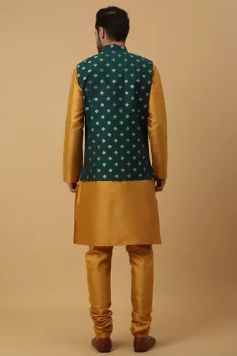 Men's mustard kurta and churidar with jacquard ethnic nehru jacket