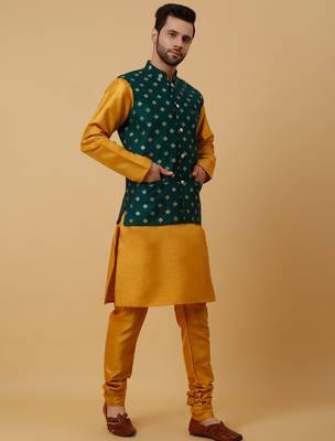 Men's mustard kurta and churidar with jacquard ethnic nehru jacket 4
