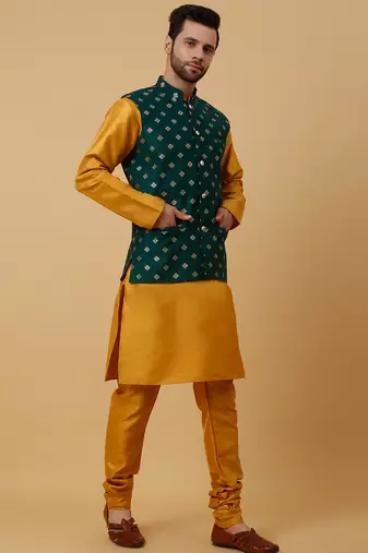 Men's mustard kurta and churidar with jacquard ethnic nehru jacket