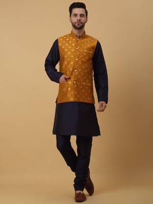 Men's navy blue kurta and churidar with jacquard ethnic nehru jacket 1