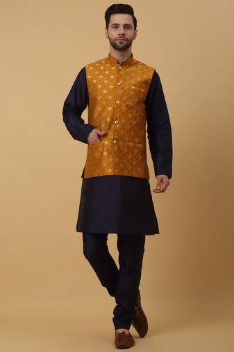 Men's navy blue kurta and churidar with jacquard ethnic nehru jacket