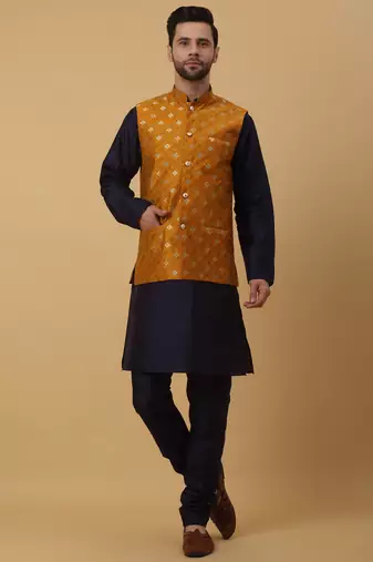 Men's navy blue kurta and churidar with jacquard ethnic nehru jacket
