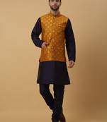 Men's navy blue kurta and churidar with jacquard ethnic nehru jacket