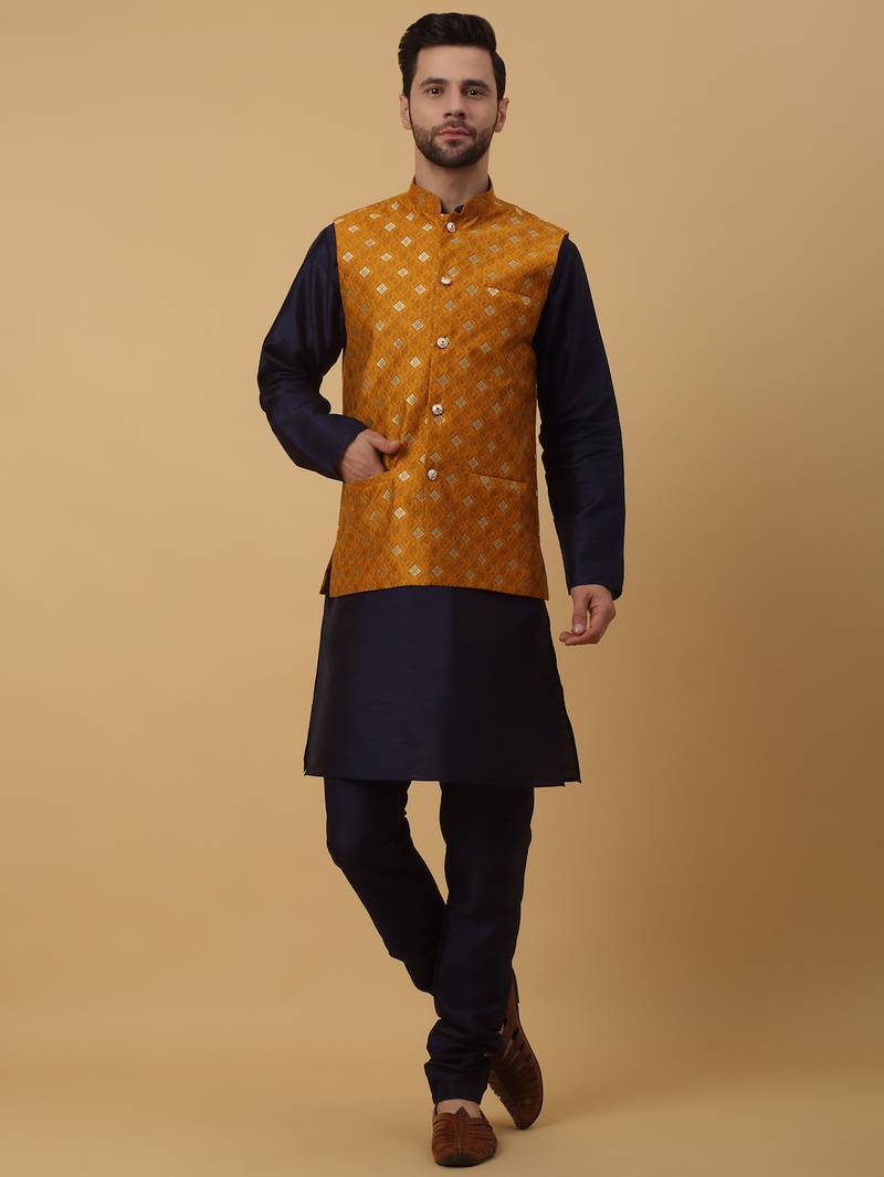 Men's navy blue kurta and churidar with jacquard ethnic nehru jacket