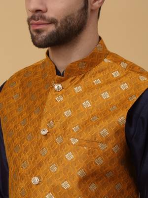 Men's navy blue kurta and churidar with jacquard ethnic nehru jacket 2