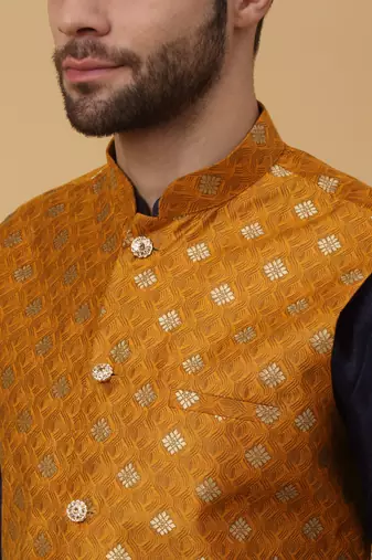 Men's navy blue kurta and churidar with jacquard ethnic nehru jacket