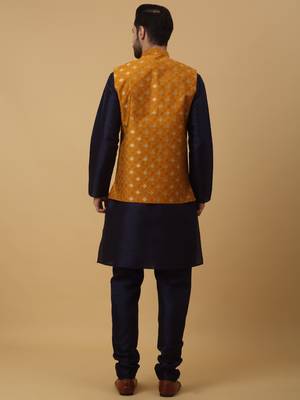 Men's navy blue kurta and churidar with jacquard ethnic nehru jacket 3