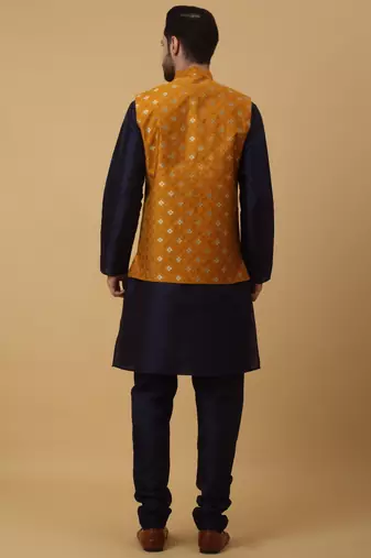 Men's navy blue kurta and churidar with jacquard ethnic nehru jacket