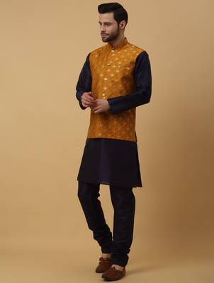Men's navy blue kurta and churidar with jacquard ethnic nehru jacket 4