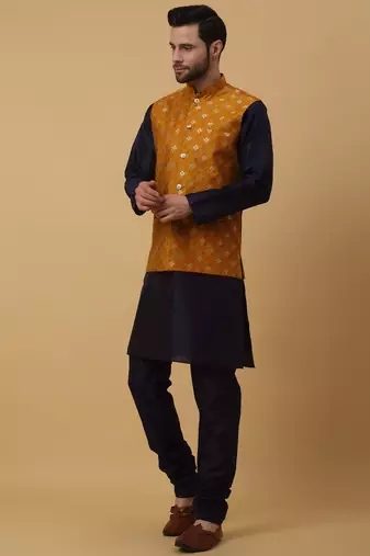 Men's navy blue kurta and churidar with jacquard ethnic nehru jacket