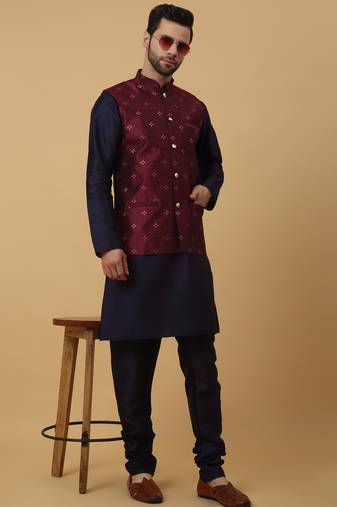 Men's navy blue kurta and churidar with jacquard floral nehru jacket