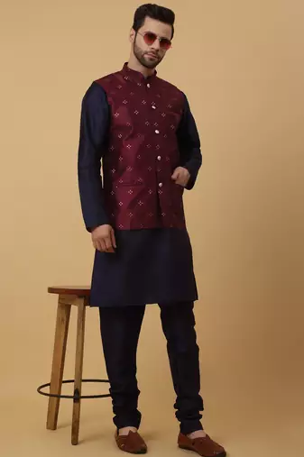 Men's navy blue kurta and churidar with jacquard floral nehru jacket