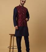 Men's navy blue kurta and churidar with jacquard floral nehru jacket