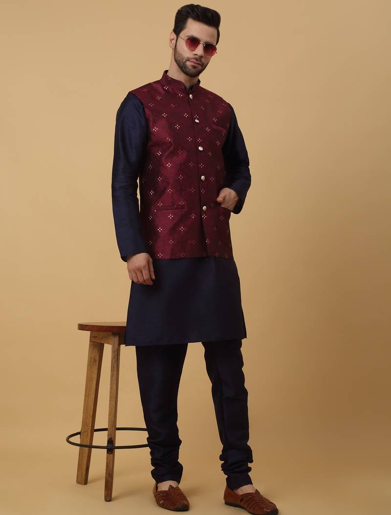Men's navy blue kurta and churidar with jacquard floral nehru jacket