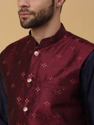Men's navy blue kurta and churidar with jacquard floral nehru jacket 2