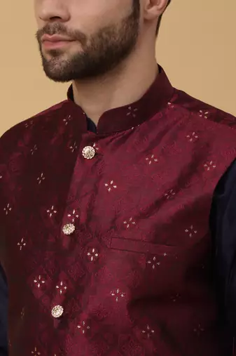 Men's navy blue kurta and churidar with jacquard floral nehru jacket