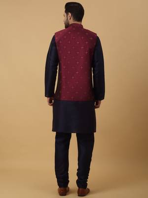 Men's navy blue kurta and churidar with jacquard floral nehru jacket 3
